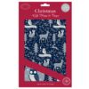 Pack of 5 sheets of Christmas Wrapping paper and matching gift tags. The paper is dark blue with a pattern of reindeer, foxes, owls, trees and festive foliage. Banners bear the text "Christmas Wishes".