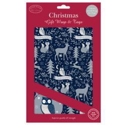 Pack of 5 sheets of Christmas Wrapping paper and matching gift tags. The paper is dark blue with a pattern of reindeer, foxes, owls, trees and festive foliage. Banners bear the text "Christmas Wishes".