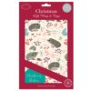 Christmas gift wrap featuring a pattern of hedgehogs and colourful festive foliage. Text on the paper reads Christmas Wishes. Pack contains 5 sheets of gift wrap and 5 circular tags which have the text Christmas wishes.