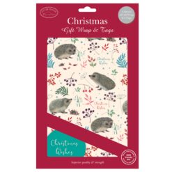 Christmas gift wrap featuring a pattern of hedgehogs and colourful festive foliage. Text on the paper reads Christmas Wishes. Pack contains 5 sheets of gift wrap and 5 circular tags which have the text Christmas wishes.