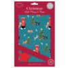 Pack of 5 sheets of Christmas Wrapping paper and tags decorated with cats, post boxes and Christmas trees against a blue background dotted with white spots of snow and crescent moons.
