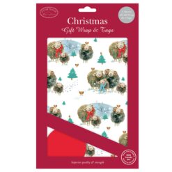 Pack of 5 sheets of Christmas Gift Wrap and Tags with a fun sheep pattern.
