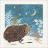 Christmas card featuring an illustration of a hedgehog in the snow with a crescent moon and stars lighting up the dark blue night sky.