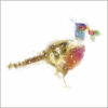 Greeting card with a blurred illustration of a pheasant holding a sprig of holly and red berries in it's mouth.