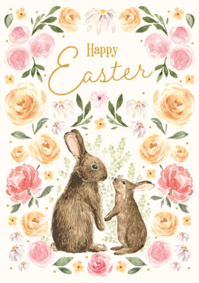 Easter card with two rabbits surrounded by pink and yellow roses. Text reads Happy Easter.