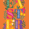 Bright orange card with text Easter decorated with bright colours and flowers.