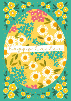 Easter card with a large yellow egg which has been decorated with bright, spring flowers. Text across the front reads happy easter.