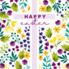 White card with purple, yellow, green and blue flowers and a purple cross in the centre. Text on the front reads Happy Easter.