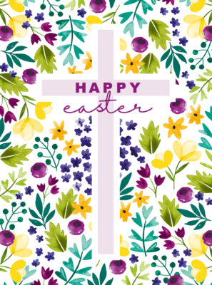 White card with purple, yellow, green and blue flowers and a purple cross in the centre. Text on the front reads Happy Easter.
