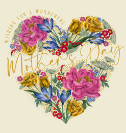 Mother's Day card with a beautiful selection of colourful flowers in the shape of a heart. Text reads 'Wishing you a wonderful Mother's Day'.