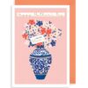 Pink card with white border. An illustration of a vase of flowers with a tag saying "For You Mum". Text along the top of the card reads Happy Mother's Day.