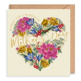 Mother's Day card with a beautiful illustration of a heart made out of bright, colourful flowers. Text above the heart reads 'Wishing you a Wonderful' and gold text across the centre of the heart reads 'Mother's Day'.