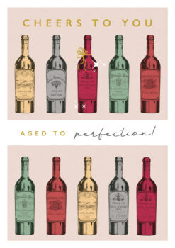 Birthday card with vintage looking bottles of wine in different colours. Text reads Cheers to You, Aged to perfection!