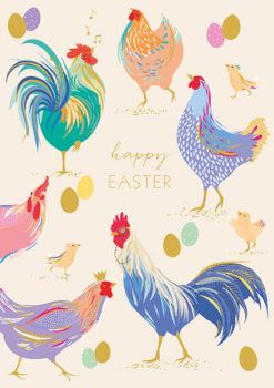 Easter card with bright, colourful chickens and eggs. Text in the centre reads happy Easter.