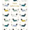 Father's Day card with pattern of black and white sausage dogs wearing different jumpers. Text on the front of the card reads happy father's day.