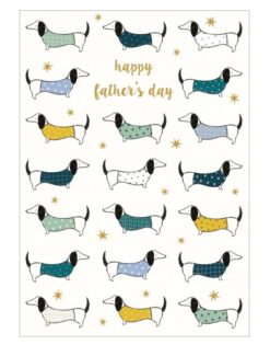 Father's Day card with pattern of black and white sausage dogs wearing different jumpers. Text on the front of the card reads happy father's day.