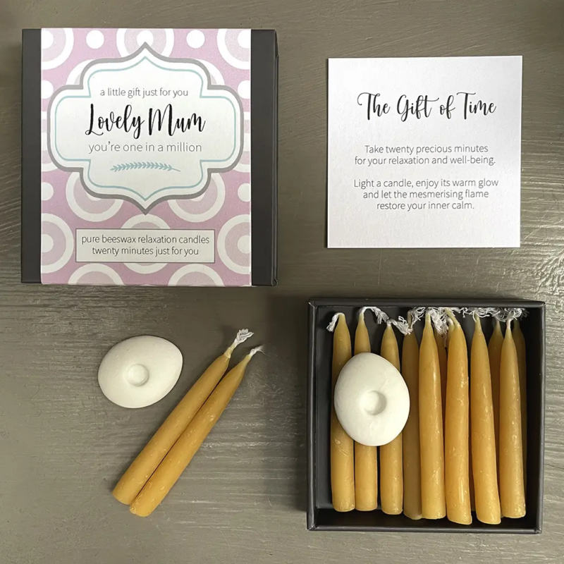 Lovely Mum Mini Candle Gift Set with mini beeswax candles and a ceramic holder.