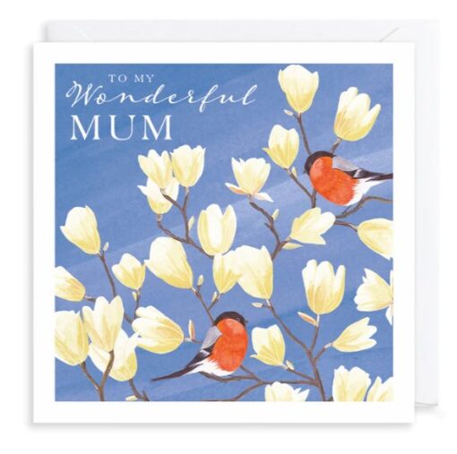 Card with an illustration of two robins perched on the branches of a tree surrounded by white flowers. Text reads To my Wonderful Mum.