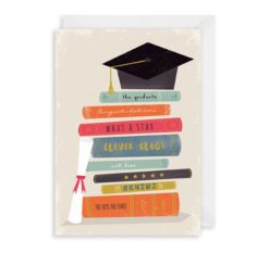 Graduation card with an illustration of a pile of books with a mortarboard at the top. The text, from top to bottom, reads The graduate, Congratulations, what a star, clever clogs, well done, genius, the sky's the limit.
