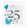 Silver Anniversary card. A large 25 in the centre with the text Happy Silver anniversary at the top. Blue, silver and white hearts decorate the card.