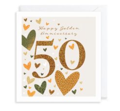 Golden wedding anniversary card with a large 50 in the centre and the text Happy Golden Anniversary at the top. The card is decorated with gold, black, white and pink hearts.