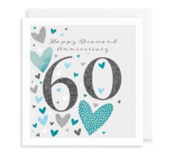 Diamond wedding anniversary card featuring a large 60 in the centre and the text Happy Diamond Anniversary at the top. The card is decorated with blue, silver and white hearts.