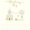 Christening card with an illustration of a baby's pram. Bunting hangs between a church and a tree. The text reads on your Christening Day.