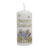 White Easter Pillar candle with the text Happy Easter and a cross surrounded by spring flowers.