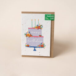 Plantable Happy Birthday card featuring an illustration of a two tier birthday cake decorated with candles and bright, colourful flowers.