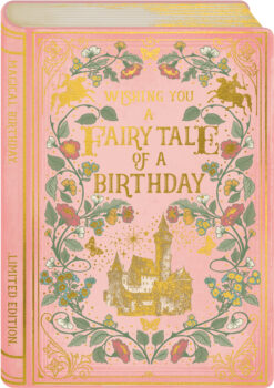 Book style birthday card. Pink with floral, fairytale decorations and a castle. Text reads Wishing you a fairty tale of a birthday.