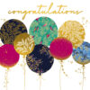 Congratulations card featuring bright, colourful balloons with different patterns. Gold text at the top reads Congratulations.