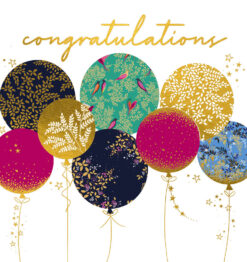 Congratulations card featuring bright, colourful balloons with different patterns. Gold text at the top reads Congratulations.