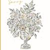 Sympathy card with an illustration of a vase of flowers. Text, which is in gold, reads So Sorry, Sending Love.