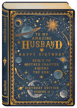 Birthday card for a Husband. In a fun book style design with an illustration of planets and stars in space. The text reads To My Amazing Husband, Happy Birthday, Here's to Another Chapter Around the Sun. Birthday Edition Volume II.
