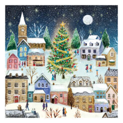 Christmas card featuring an illustration of a village scene with a large Christmas tree in the centre.