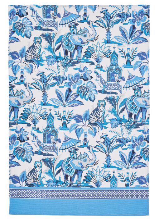 Tea towel in a bright blue, Indian inspired design.