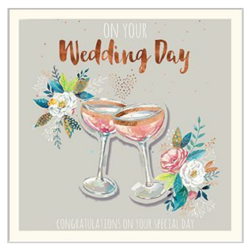 On your Wedding Day card with illustration of cocktails and flowers.