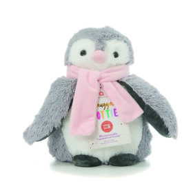 Soft toy Penguin hottie wearing a pink scarf.