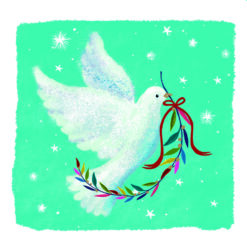 Christmas cards featuring an illustration of a white dove carrying a sprig of mistletoe in it's mouth.