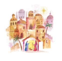 Watercolour illustration of the nativity scene with Mary and Joseph in the stable watching over their newborn son and the town of Bethlehem in the background.