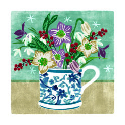 A card featuring an illustration of a blue and white mug sitting on a table full of colourful flowers.