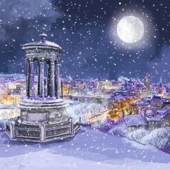 Charity Christmas card featuring a snowy scene looking across Edinburgh from Calton Hill.