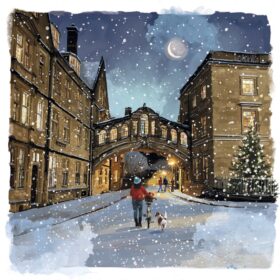Charity Christmas cards featuring an illustration of the Bridge of Sighs in Oxford on a snowy day.