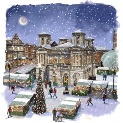 Charity Christmas card featuring an illustration of a Christmas market in Kingston's town centre.