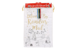 A white present sack with festive illustration and the text 'Delivered by Reindeer Mail'. There is a pack of colouring pens attached to the bag.