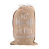 A hessian Christmas gift sack with the text Ho Ho Ho Merry Proseccomas in blue and white letters.