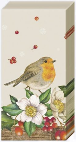 A packet of pocket size tissues with an illustration of a robin red breast perched on some festive flowers.