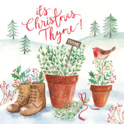 Square card featuring an illustration of pots and a pair of boots with herbs and plants in them. Text above reads 'It's Christmas Thyme!'.