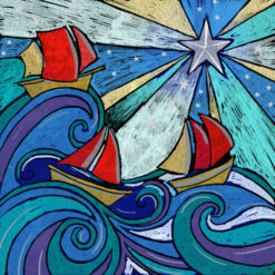 A card featuring an abstract illustration of three ships sailing on a stormy sea.