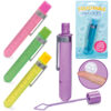 Plastic tube containers in pink, green, yellow and purple. Each container includes a bubble wand for making touchable bubbles.